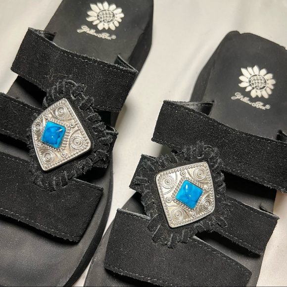 Yellow Box Black Suede Platform Slip-On Sandals with Turquoise and Silver Accent - Picture 8 of 12